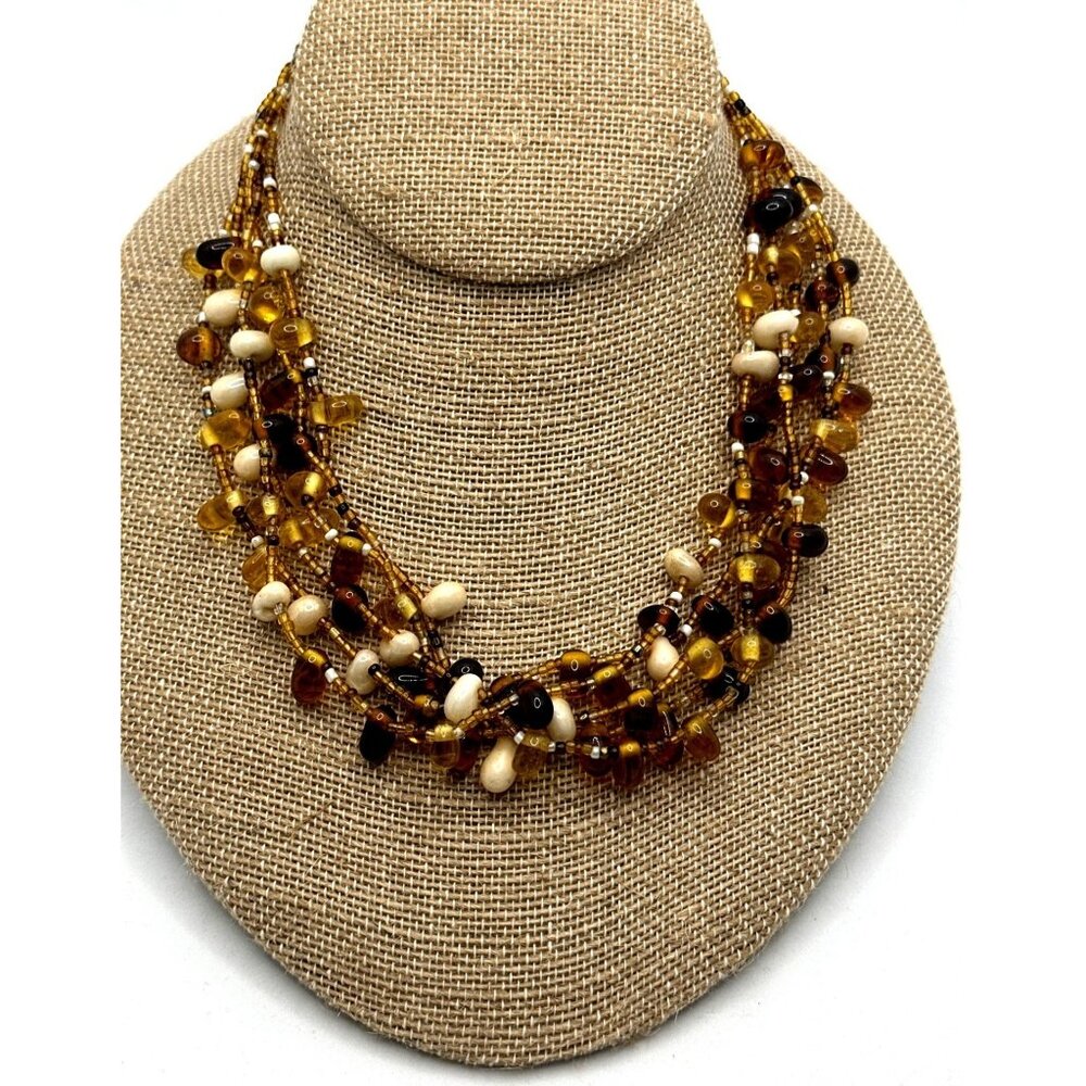 Vintage Brown Multi Strand Necklace Glass Beads Earthtones Boho Chic Fashion